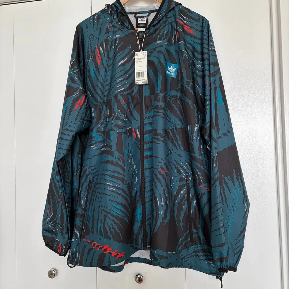 NWT Men’s 2XL Adidas Black and Teal Patterned Windbreaker Athleisure